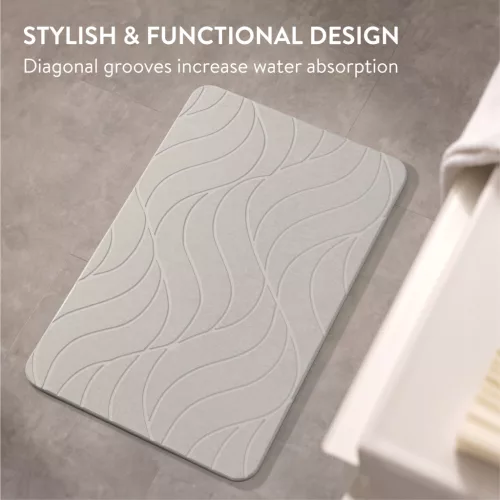 Covoras baie piatra diatomita Navaris, uscare rapida, 60x39 cm, antiderapant, ivoriu, negru, piatra