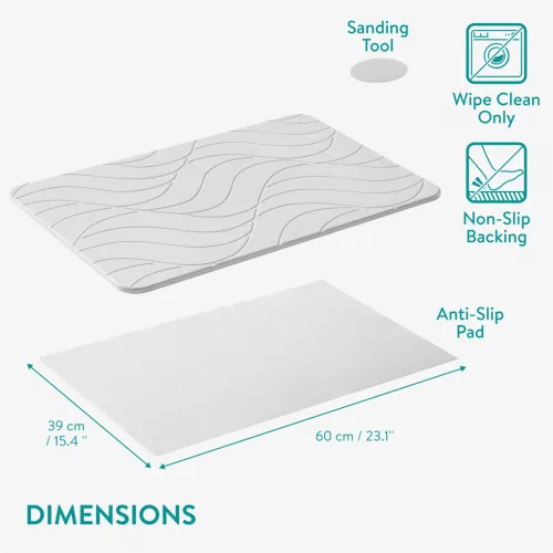 Covoras baie piatra diatomita Navaris, uscare rapida, 60x39 cm, antiderapant, ivoriu, negru, piatra