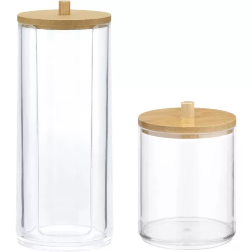Organizér na kosmetiku, odličovací tampony a vatové tyčinky, průhledný, 2 přihrádky, plast/bambus, Navaris, 59140.03