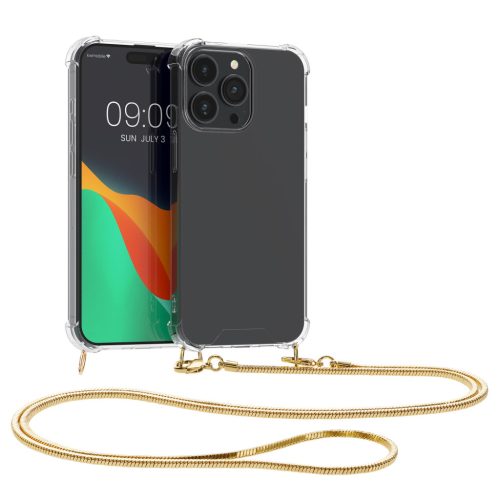Pouzdro Kwmobile se šňůrkou na krk pro Apple iPhone 15 Pro, průhledné/zlaté, silikonové, 62031.21