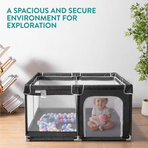 Tarc de joaca copii Navaris, 130x130x50 cm, plasa respirabila, montaj rapid, negru, plastic