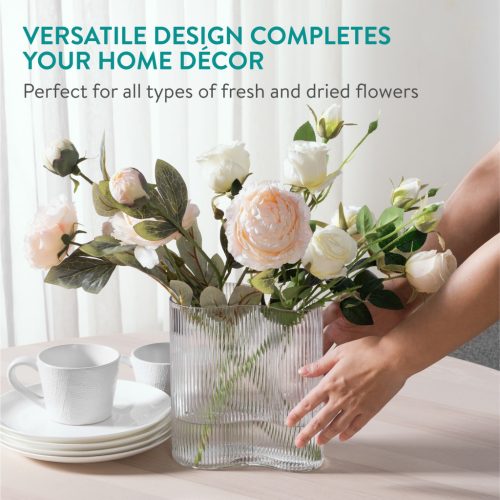 Vaza din sticla Navaris Ribbed, forma ondulata, 18.5x12x20 cm, transparent, sticla