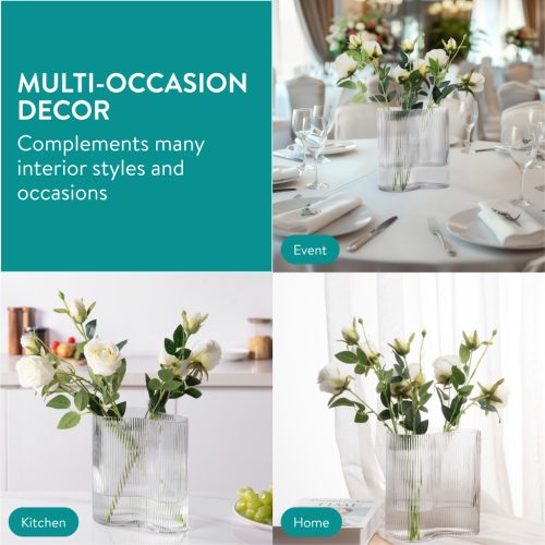 Vaza din sticla Navaris Ribbed, forma ondulata, 18.5x12x20 cm, transparent, sticla