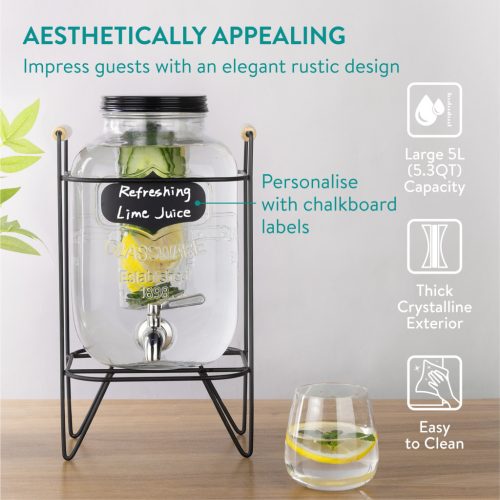 Dozator bauturi Navaris, 5L, robinet inox, cu infuzor fructe si tub de gheata, NAV0000111P003C