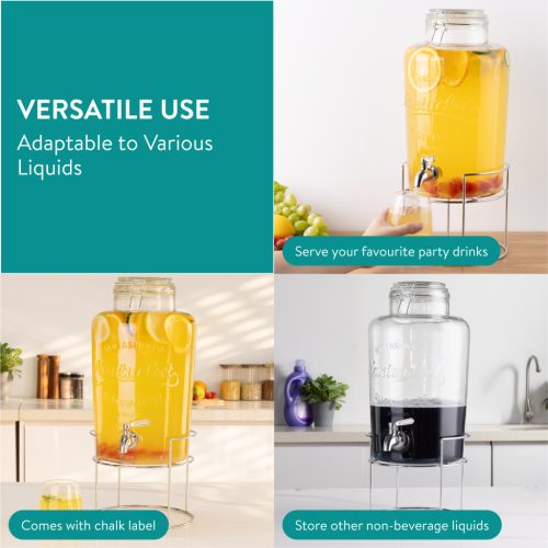 Dozator bauturi Navaris, 8L, cu stand metalic si robinet inox, sticla, NAV0000111Q002C