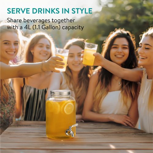 Dozator de bauturi Navaris, 4L, sticla, inox, cu robinet, pentru petreceri, NAV000011FD004C