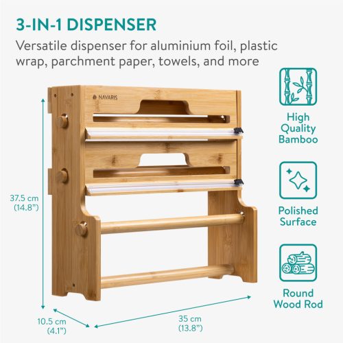 Dispenser 3 in 1 folie si hartie Navaris, suport folie + cutter, montaj pe blat/perete, negru, hartie