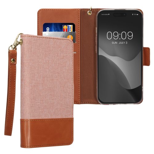 Pouzdro Kwmobile pro Apple iPhone 15 Pro, světle růžová/hnědá, textilní/silikonové, KWM000022RL001C