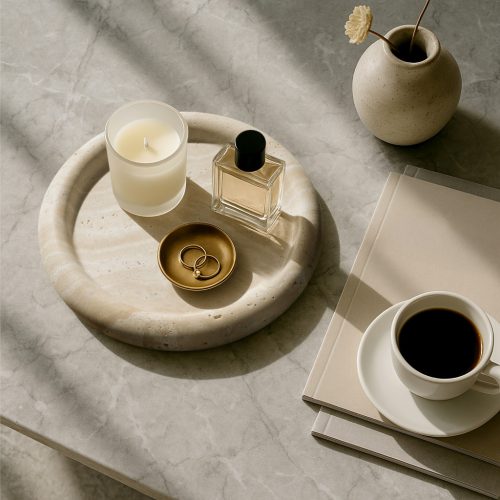 Tava travertin Navaris, rotunda, diametru 20 cm, baie si decor, bej, piatra naturala