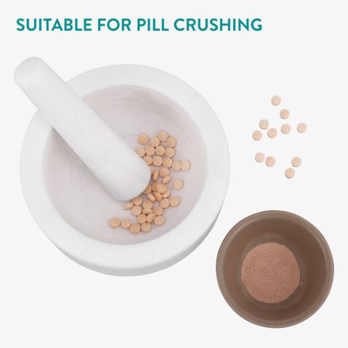 Set mojar si pistil Navaris, 18 cm, marmura alba, baza antiderapanta, 4 cup, alb, piatra naturala