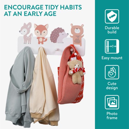 Cuier perete copii Navaris, tematica animale, 4 agatatori, 40x18x4 cm, multicolor, MDF