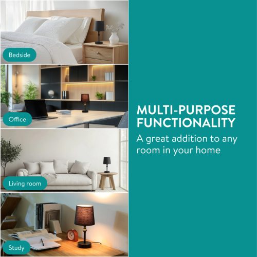 Lampa de masa Navaris, E27, abajur textil, 30 cm, cablu 1.8 m, baza metalica, negru, textil