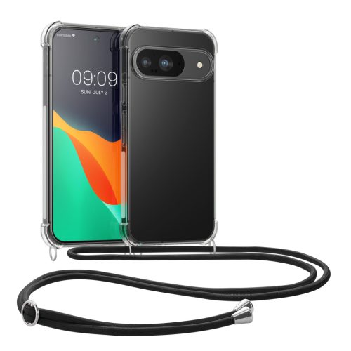 Pouzdro Kwmobile se šňůrkou na krk pro Google Pixel 9/Pixel 9 Pro, průhledné/černé, silikonové, KWM000020PR001C