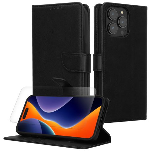 Sada pouzdra a ochranné fólie Kwmobile pro Apple iPhone 15 Pro, černá, ekokůže/silikon, KWM000022VC001C