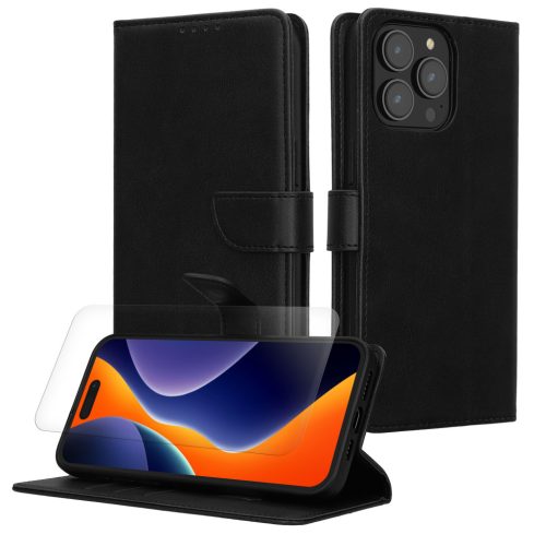 Sada pouzdra a ochranné fólie Kwmobile pro Apple iPhone 15 Pro Max, černá, ekokůže/silikon, KWM000022VD001C