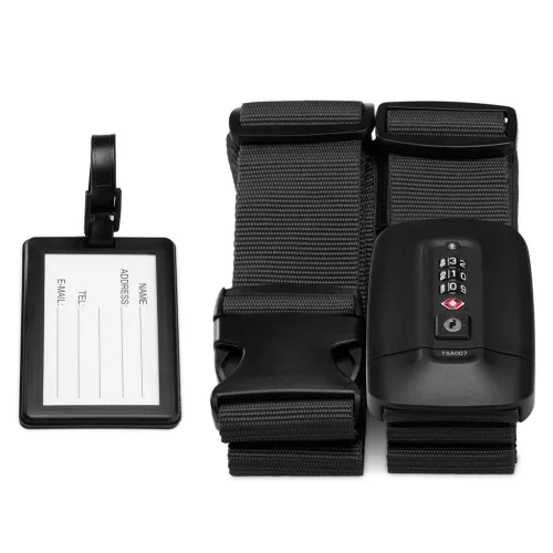 Popruh na zavazadla Navaris s visacím zámkem a ID štítkem, nastavitelná délka 400x5 cm, černý, 51357.01