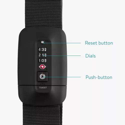 Popruh na zavazadla Navaris s visacím zámkem a ID štítkem, nastavitelná délka 400x5 cm, černý, 51357.01