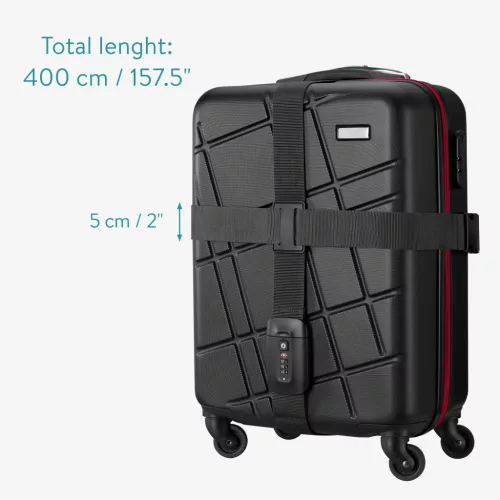 Popruh na zavazadla Navaris s visacím zámkem a ID štítkem, nastavitelná délka 400x5 cm, černý, 51357.01