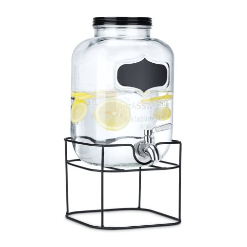 Dozator bauturi Navaris cu suport metalic negru, 5L, cu robinet inox, sticla, 59968.01