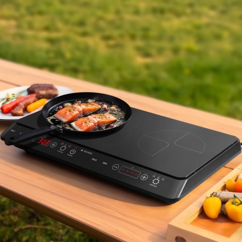 Plita inductie dubla Navaris, 3500W, 2 zone gatit, control tactil, 60582.02, negru, plastic/sticla