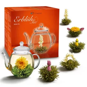   Dárková sada Creano ErbluhTee Mix, 6 koulí bílého čaje s květy a skleněná konvice 500 ml