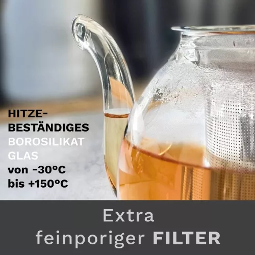 Ceainic din sticla Creano, 1 L, 3 piese, cu infuzor din inox, capac, anti-picurare