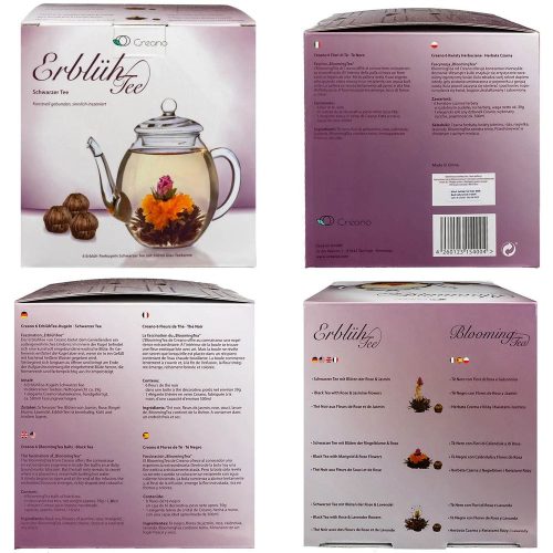 Dárková sada Creano ErbluhTee Mix, skleněná konvice 500 ml a 6 koulí kvetoucího černého čaje, 3 druhy