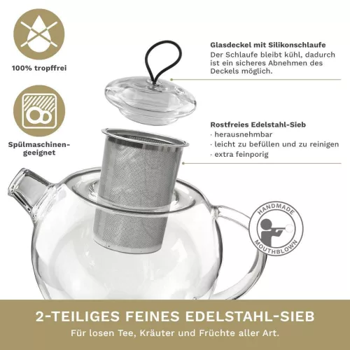 Ceainic din sticla Creano Jumbo, 2 L, cu infuzor din inox si capac