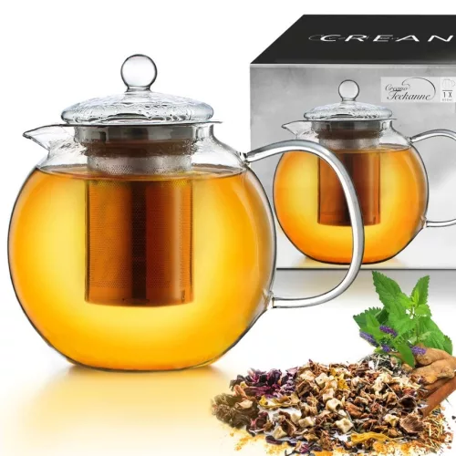 Ceainic din sticla Creano All-in-One, 0,85 L, cu infuzor din inox si capac, anti-picurare