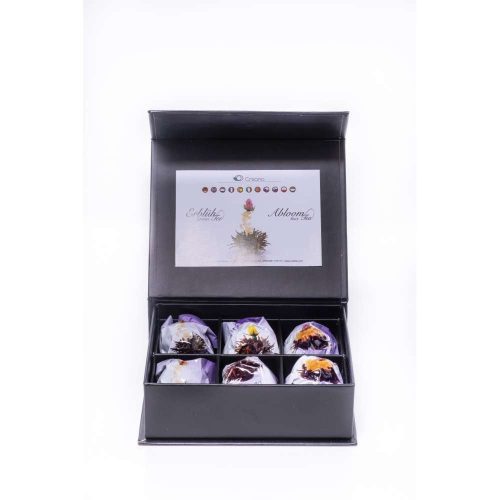 Čajová směs Creano Flowering Tea Mix, černý čaj, květinové aroma, sada 6 kusů, magnetická krabička