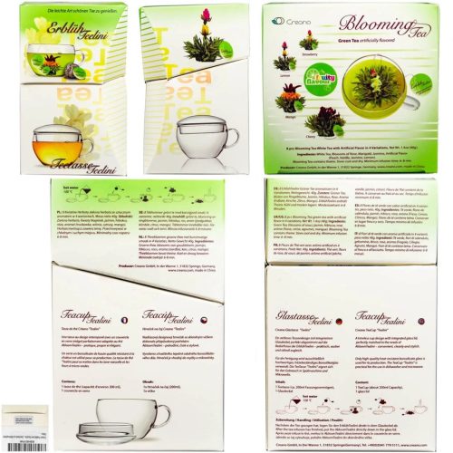 Dárková sada kvetoucího čaje Creano Teelini, skleněný hrnek 200 ml, 8 sáčků, 4 ovocné příchutě zeleného čaje