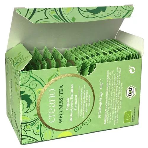 Bio čaj Creano Wellness Tea, zelený čaj s bylinkami, grapefruitové aroma, sada 20 sáčků