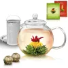 Ceainic din sticla Creano, 1,3 L, cu infuzor din inox, capac si 2 flori de ceai