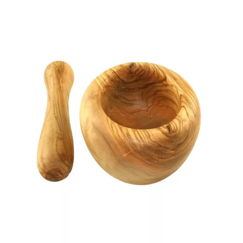 Hmoždíř z olivového dřeva s tloučkem, průměr 12 cm, výška 7 cm