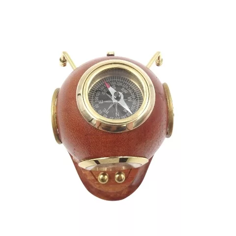 Cască de scafandru decorativa Giftdeco NC1220, alamă, sticlă și lemn, 10 x 9,5 x 11,5 cm, stil nautic
