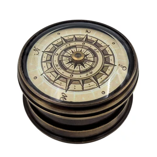 Busolă Giftdeco NC1609, alamă și sticlă, 5,90 x 5,90 x 3 cm, stil vintage, nautic, colonial