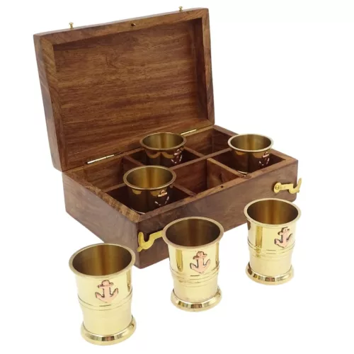 Set pahare shot Giftdeco, alamă, sticlă, cupru, metal și lemn, 16 cm x 10,5 cm x 5,5 cm, stil nautic