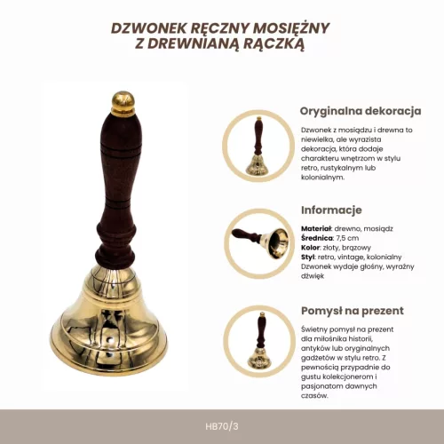 Clopot de mână Giftdeco HB70/3, alamă și mâner din lemn, diametru 7,5 cm