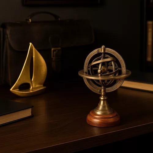 Astrolab decorativ Giftdeco NC1911, alama aurie si baza din lemn, 14 cm