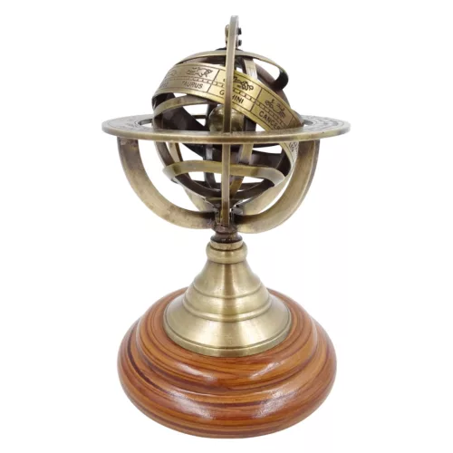 Astrolab decorativ Giftdeco NC1911, alama aurie si baza din lemn, 14 cm