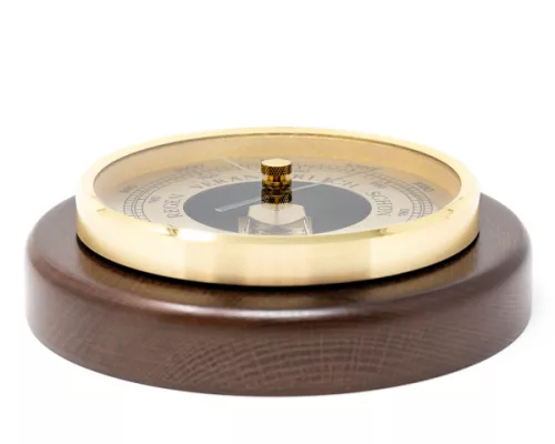 Barometru rotund Fischer 1436R-12, alamă, inox și lemn nuc, diametru 17 cm