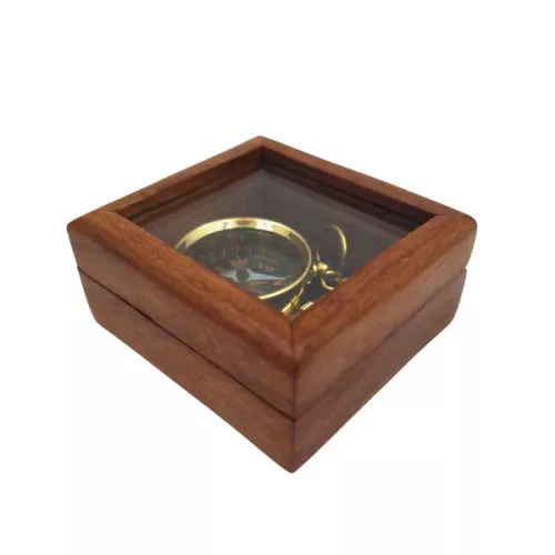 Busolă Giftdeco KR30, alamă, sticlă și lemn, diametru 3,5 cm, stil nautic, clasic