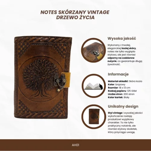 Caiet Giftdeco AH01 cu Arborele Vietii, piele de capra, 200 pagini, 18 x 13 cm