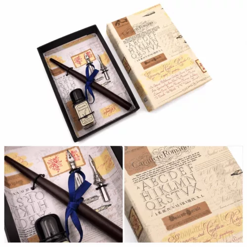 Set de caligrafie Giftdeco 5422 cu doua penite, calimara si cutie cadou, 12,5 x 8,5 x 3 cm