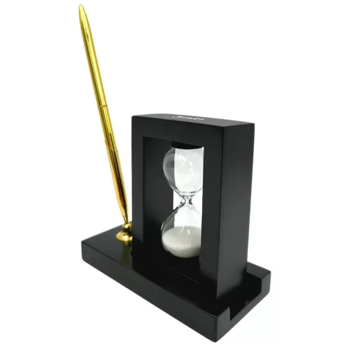 Set de birou Giftdeco 121W cu clepsidră 3 minute și suport pentru pixuri, MDF și sticlă