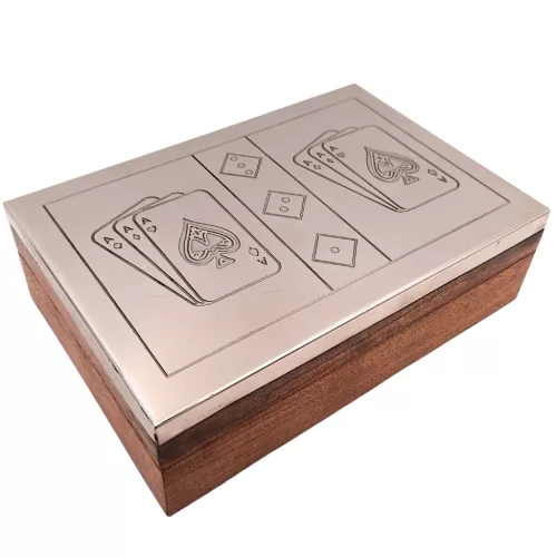 Set de cărți și zaruri Giftdeco DC-004, cutie din lemn cu capac din aluminiu, 19 x 12,5 x 5 cm