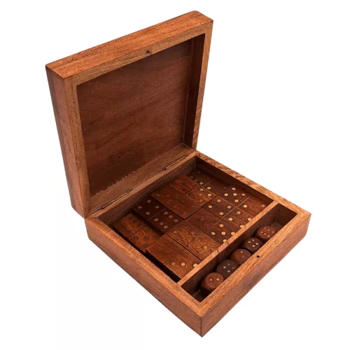 Set domino și zaruri Giftdeco DO-002, lemn și alamă, cutie 15,2 x 15,2 x 5 cm