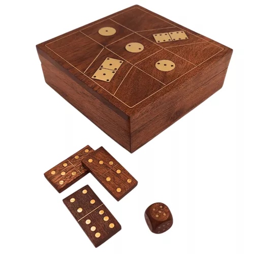 Set domino și zaruri Giftdeco DO-002, lemn și alamă, cutie 15,2 x 15,2 x 5 cm