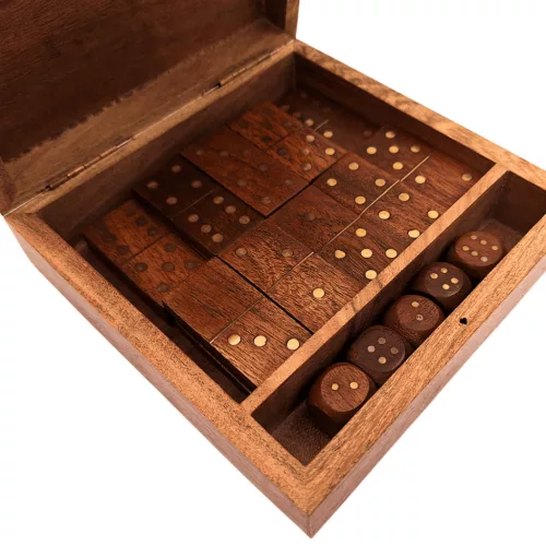 Set domino și zaruri Giftdeco DO-002, lemn și alamă, cutie 15,2 x 15,2 x 5 cm