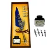Set caligrafie Giftdeco EE11, pană de gâscă albastră, 6 penițe, cerneală și cutie